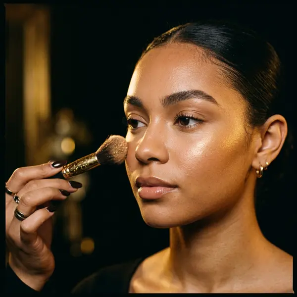 Makeup artist sweeping gold highlighter across a client’s cheekbone