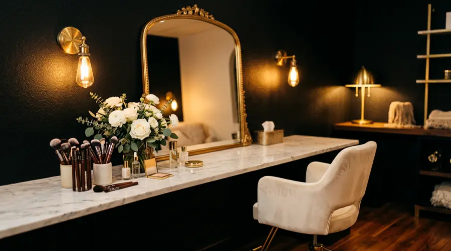 Inside the lounge: gold arched mirror, marble counter, makeup brushes and a cream velvet chair