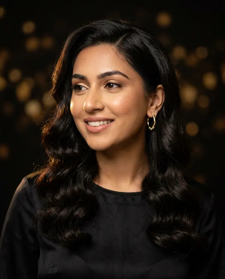 Smiling young woman with glossy Hollywood waves and soft gold makeup